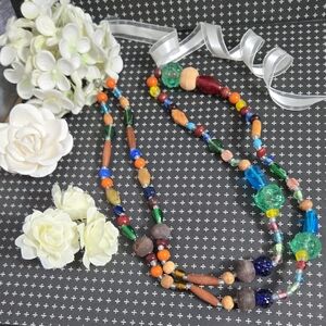Vintage Boho Artisan Wood & Glass Colorful Beaded Trade Beads Necklace